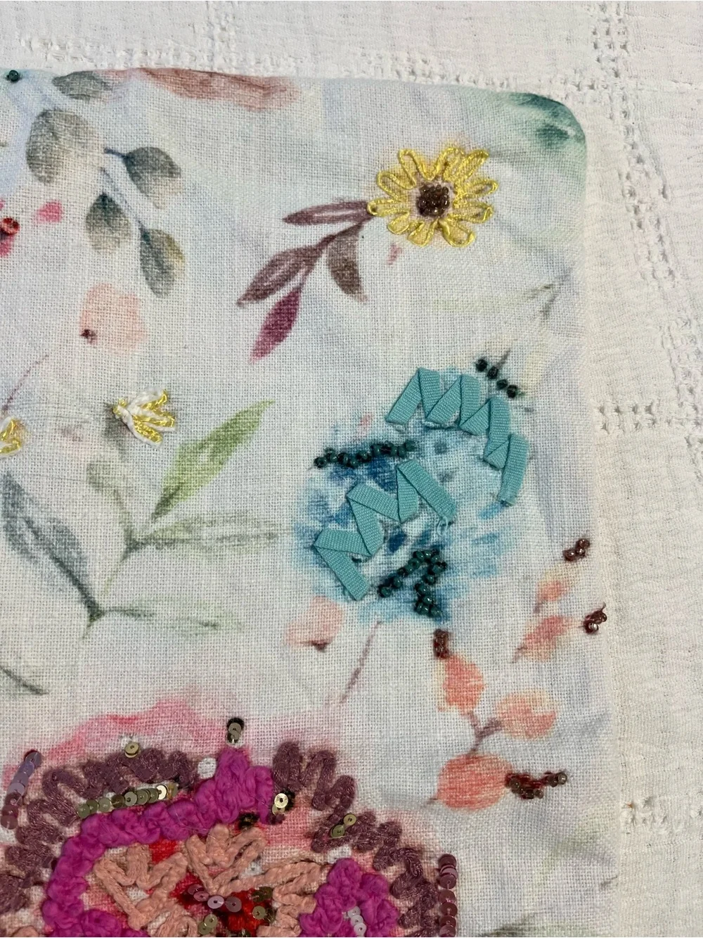 Elie Tahari Floral Appliqué Accent Pillow Cover in Teal, Pink & Cream